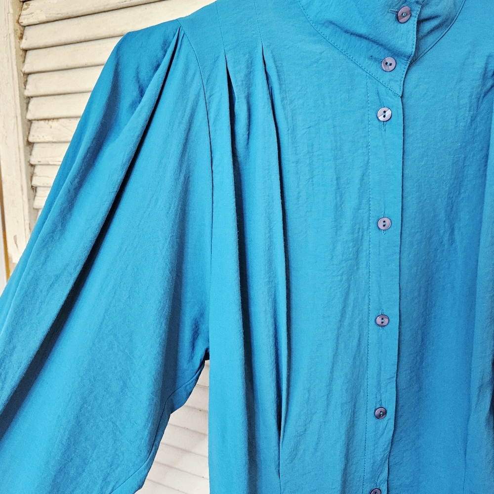 Vintage 80s Teal Blue High Neck Blouse With Gathered Shoulders Small/Medium - Picture 5 of 11